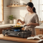 gambaran dari Angi yang sedang memasak dengan kompor BosMuda99