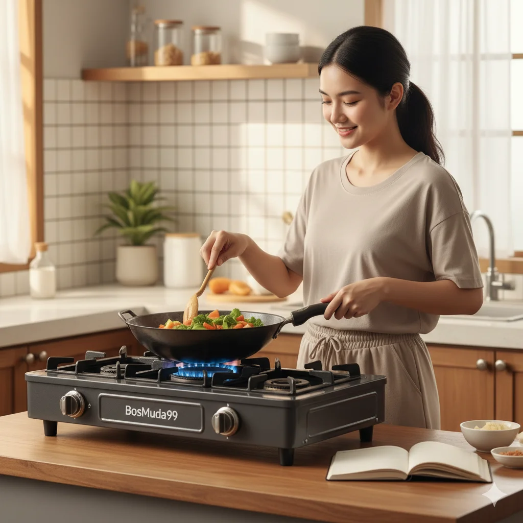 gambaran dari Angi yang sedang memasak dengan kompor BosMuda99