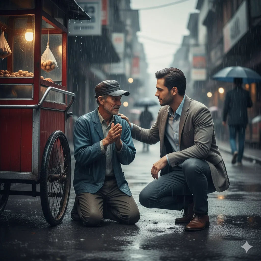 gambar yang menangkap esensi: hujan yang turun perlahan, gerobak yang rusak, pedagang yang putus asa, dan Tuan Muda 88 yang menepuk bahu, menawarkan bantuan.
